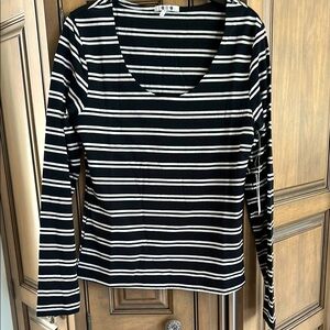 Three Dots Black and White Striped Blouse